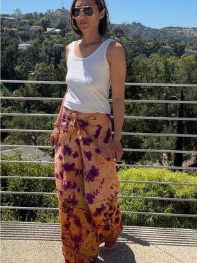 Sun Child Silk Wide Leg Wrap Palazzo Pant in Orange & Purple Festival one size